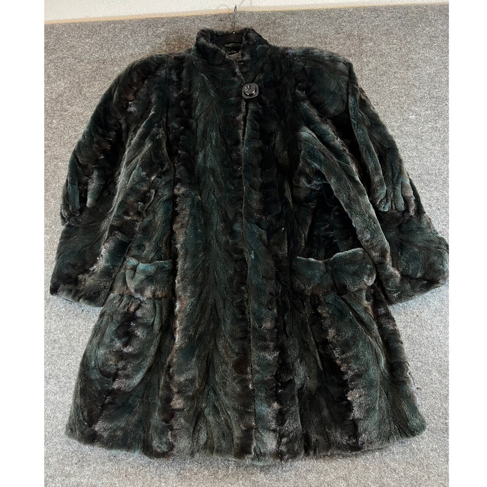 Vintage 1960s Dark Emerald Green Rabbit Fur Coat Paisley Mid Length Women Large